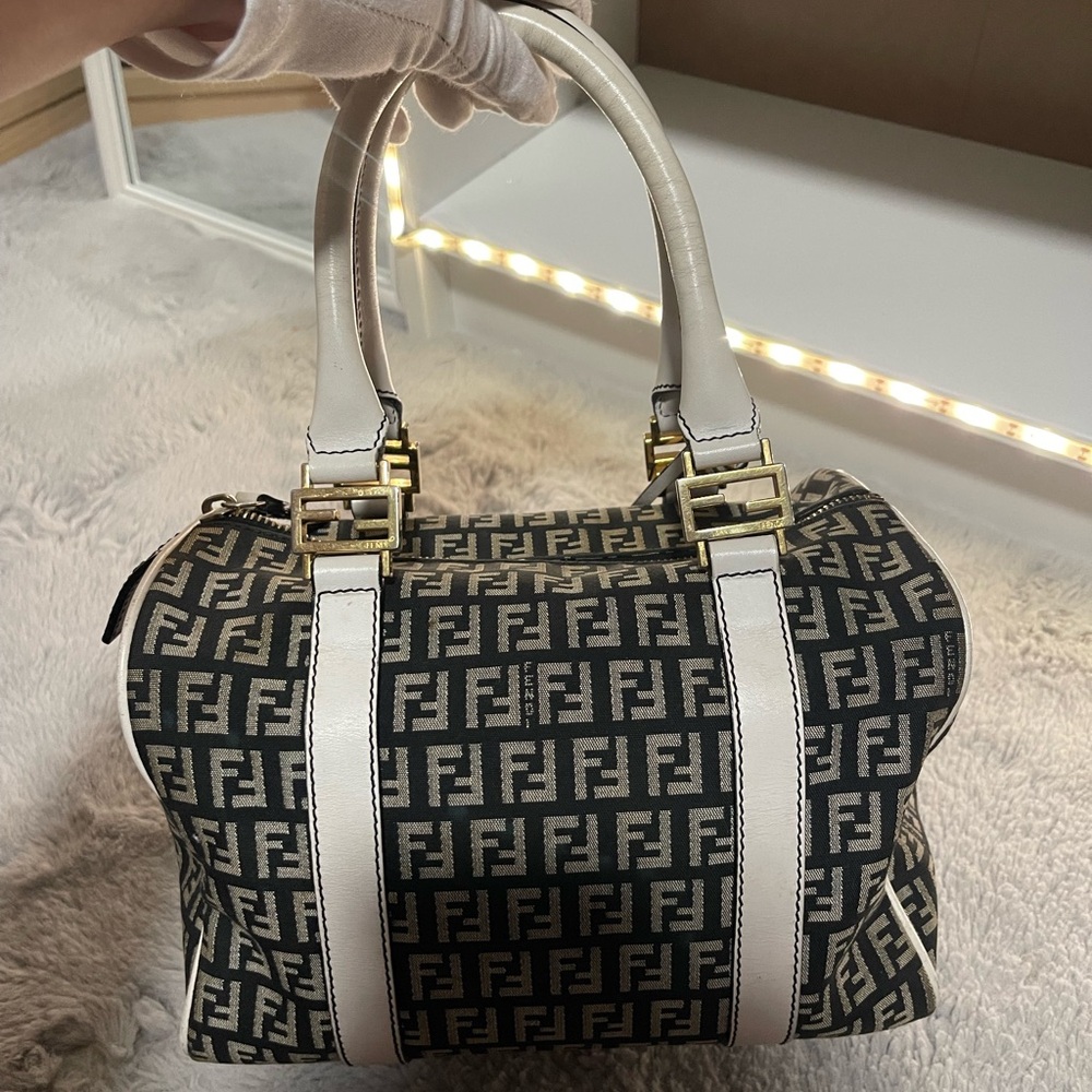 Fendi Monogram Mini Boston in Black and White with Gold Hardware